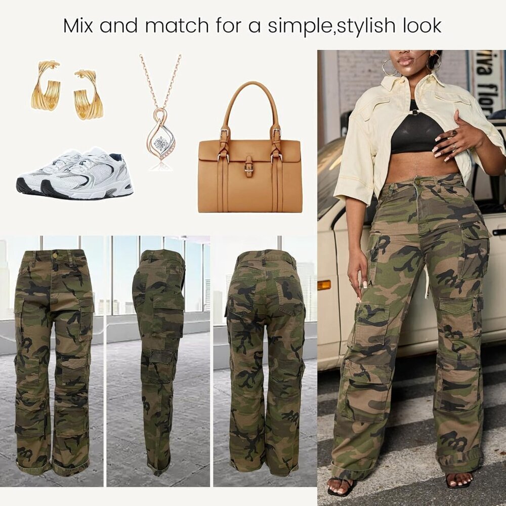 Baggy Cargo Jeans for Women Camo Denim Pants with Pockets Streetwear - Picture 6 of 6